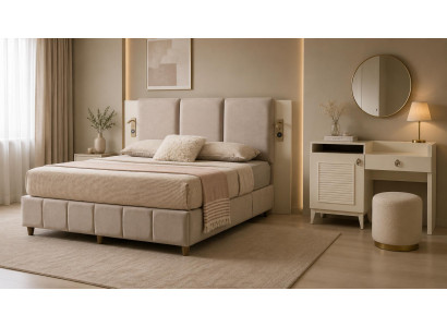 Schlafzimmer-Set Bett Kopfteil Kommode Modern Beige Bequem Stilvoll