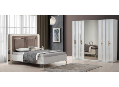 Elegante Schlafzimmer Garnitur Polsterbett Glas Kleiderschrank