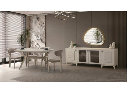 Esszimmer Set Esstisch 4x Stühle Spiegel Sideboard Beige Bequem