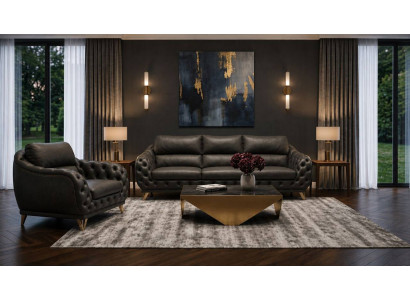 Exklusive Wohnzimmer Couchgarnitur Schwarzes Ledersofa Sessel 2tlg