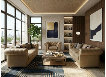 Beiges Wohnzimmer-Set 3+3+1-Sitzer-Sofas Chesterfield Gesteppte Sofas