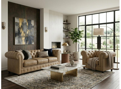 Luxuriöses beiges Wohnzimmer-Set 3+1-Sitzer-Sofas Gesteppte Sofas Chesterfield