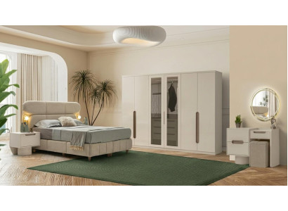 Designer Schlafzimmer Garnitur Polsterbett Kommode Hocker Nachttische