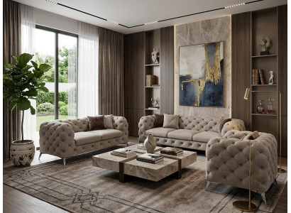 Beiges Wohnzimmer-Set: 3+2+1-Sitzer-Sofas Chesterfield Gesteppte Sofas