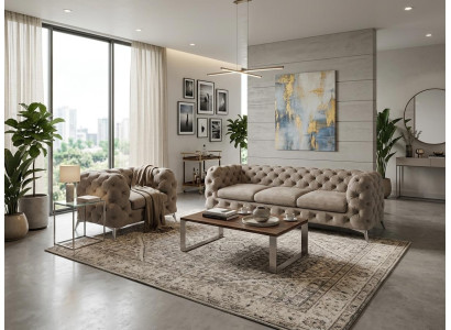 Beiges Wohnzimmer-Set 3+1-Sitzer-Sofas Gesteppte klassische Sofas Chesterfield