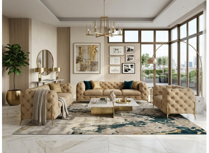 Beiges Wohnzimmer-Set 3+2+1-Sitzer-Sofas Gesteppte Sofas Chesterfield