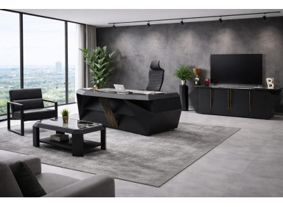 Edles Chefbüro Möbelset Schwarz mit Sideboard und Couchtisch