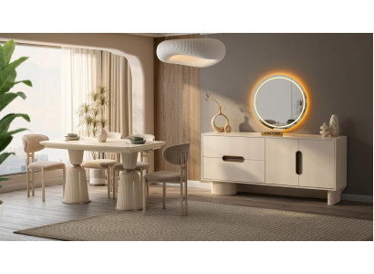 Esszimmer-Set Esstisch 4x Stühle Sideboard Spiegel Modern Beige