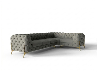 Graues L-förmiges Ecksofa gestepptes Stoffsofa goldene Füße Chesterfield