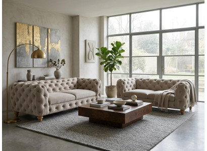 Beiges klassisches Wohnzimmer-Set 2,5+2-Sitzer-Sofas Gesteppte Chesterfield