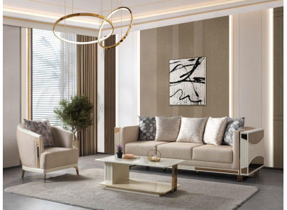 Sofa Wohnzimmer weiß beige goldfarben weich bequem modern сouchtisch