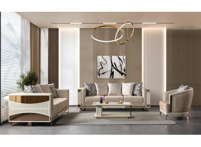 Sofa Wohnzimmer weiß beige goldfarben weich bequem modern Couchtisch