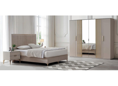 Luxuriöse Schlafzimmer Garnitur Textilbett 2x Nachtkonsolen Schrank