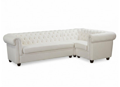 Weißes L-förmiges Ecksofa Gestepptes Ledersofa mit Holzbeinen Chesterfield