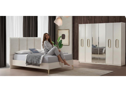 Hochwertige Schlafzimmer Garnitur Textil Doppelbett Holzschrank