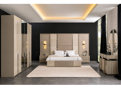 Edle Beige Schlafzimmer Garnitur Polsterbett Schrank Schminktisch