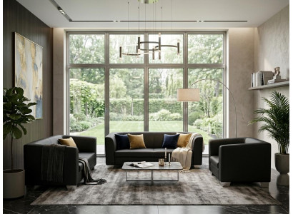 Schwarzes Wohnzimmer-Set: 3+2+1-Sitzer-Sofas moderne Ledersofas und Sessel