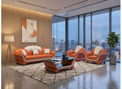 Modern Wohnzimmer Set 3-Sitzer Sofa 2x Sessel Couchtisch Orange Weiß