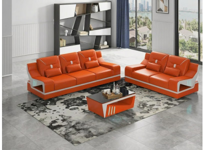 Modern Wohnzimmer Set LED 3-Sitzer 2-Sitzer Sofa Couch Orange Weiß
