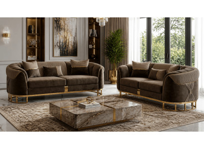 Braunes Wohnzimmer Couchset Exklusiver 3-Sitzer Edelstahlfüße 2tlg