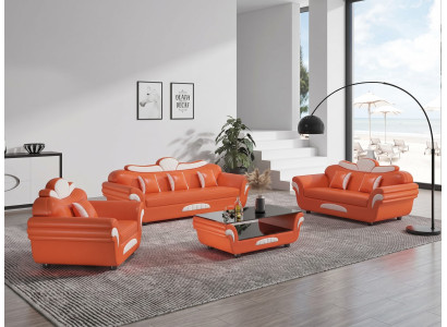 Elegantes Sofa Set 3-Sitzer 2-Sitzer Sessel Orange Weiß Modern Design
