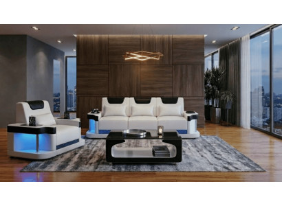 Sofa Set 3+1 Modern Weiß Schwarz Premium LED Luxus Komfort Elegant