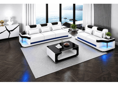 Sofa Set 3+2 Modern Weiß Schwarz Premium LED Luxus Komfort Elegant