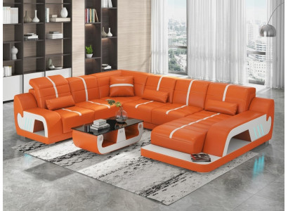 Modern Leder Ecksofa U-Form Couchtisch Orange Couch LED Design Sofa