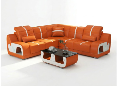 Leder Ecksofa L-Form Modern Komfort Orange Couch LED Design Wohnzimmer
