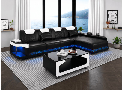 Modern Ecksofa L-Form Couchtisch Schwarz LED Sofa Set Premium Top