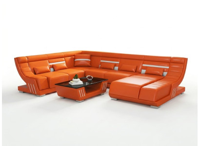 Leder Ecksofa U-Form Modern Orange Couch Led Design Wohnlandschaft