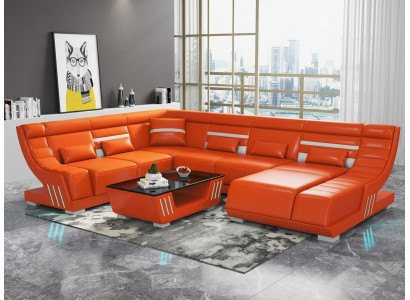 Leder Ecksofa U-Form Modern Orange Couchtisch LED Design Wohnzimmer