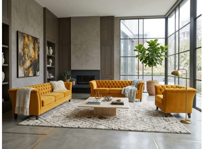 Dunkelgelbes Wohnzimmer-Set 3+3+1-Sitzer-Sofas Gesteppte Sofas Chesterfield