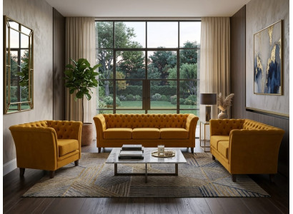 Dunkelgelbes Wohnzimmer-Set 3+2+1-Sitzer-Sofas  Chesterfield Gesteppte Sofas