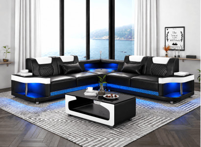 Modern Ecksofa L-Form Couchtisch Schwarz LED Sofa Set Couch Elegant