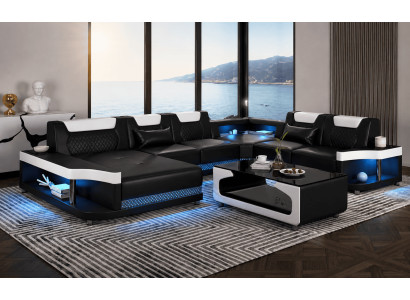 Modern Wohnlandschaft U-Form Couchtisch Schwarz LED Sofa Set Couch