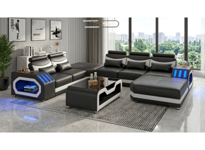Modern Wohnlandschaft U-Form Couchtisch Schwarz LED Sofa Set Couch *