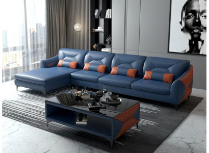 Leder Ecksofa L-Form Modern Blau Orange Couchtisch Design Wohnzimmer *