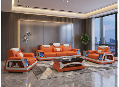 Modernes Sofa Set 3-Sitzer 2x Sessel Orange Weiß LED Couch Wohnzimmer *