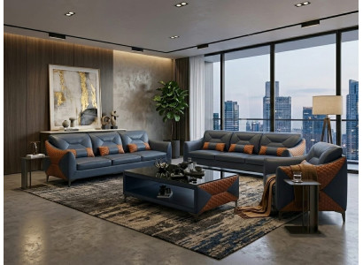 Leder Sofa Set 3+3+1 Modern Blau Couch Design Komfort Polstergarnitur *