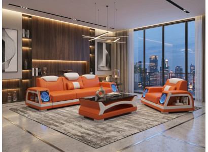 Modern Sofa Set 3-Sitzer Sessel Orange Weiß LED Wohnzimmer Couch Möbel *