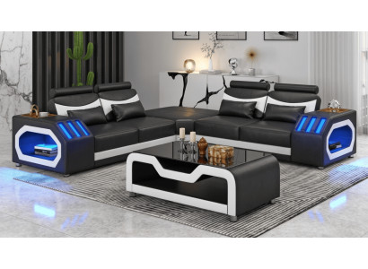 Modern Ecksofa L-Form Couchtisch Schwarz LED Sofa Set Couch Elegant *