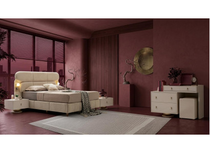 Schlafzimmer-Set Bett Kopfteil Kommode 2x Nachttische Modern Beige