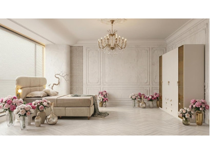 Schlafzimmer-Set Schrank Bett Kopfteil Modern Beige Weich Bequem