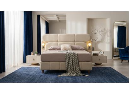Schlafzimmer-Set Bett Kopfteil 2x Nachttische Modern USB Beige Weich