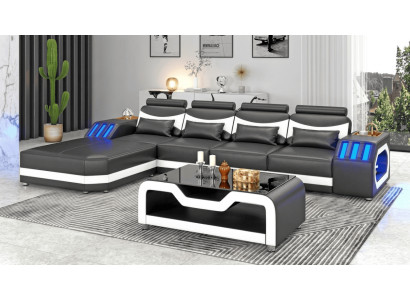 Modern Ecksofa L-Form Couchtisch Schwarz LED Sofa Set Couch Exklusiv *