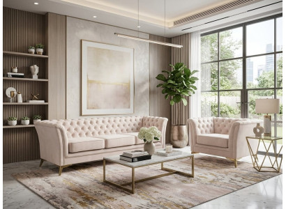 Beiges klassisches Wohnzimmer-Set 3+1-Sitzer-Sofas Chesterfield luxuriös