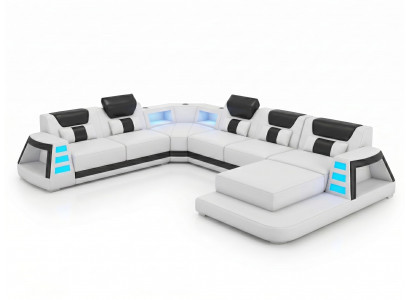 Wohnlandschaft U-Form Weiß Schwarz LED Modern Wohnzimmer Sofa Design *