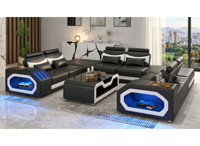 Modern Wohnlandschaft U-Form Couchtisch Schwarz LED Sofa Set Couch *