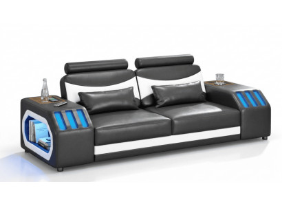 2-Sitzer Ledersofa Modern Weiß Schwarz Elegant LED Ablage Komfort *